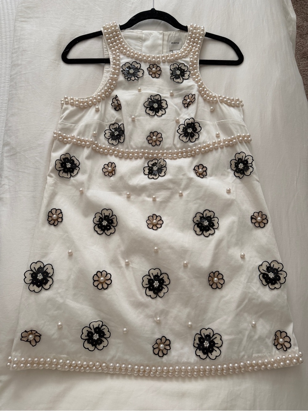 Maeve White Dress with Black & Cream Floral Appliqués and Pearl Trim